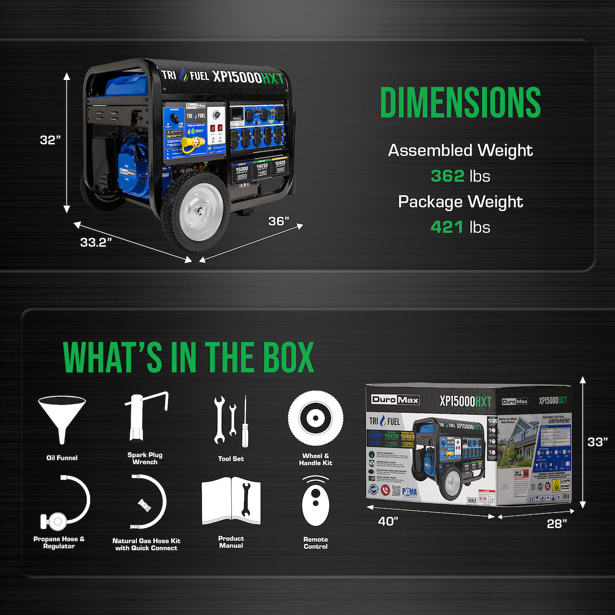 DuroMax XP15,000HXT Watt Electric Start Tri Fuel Portable Generator
