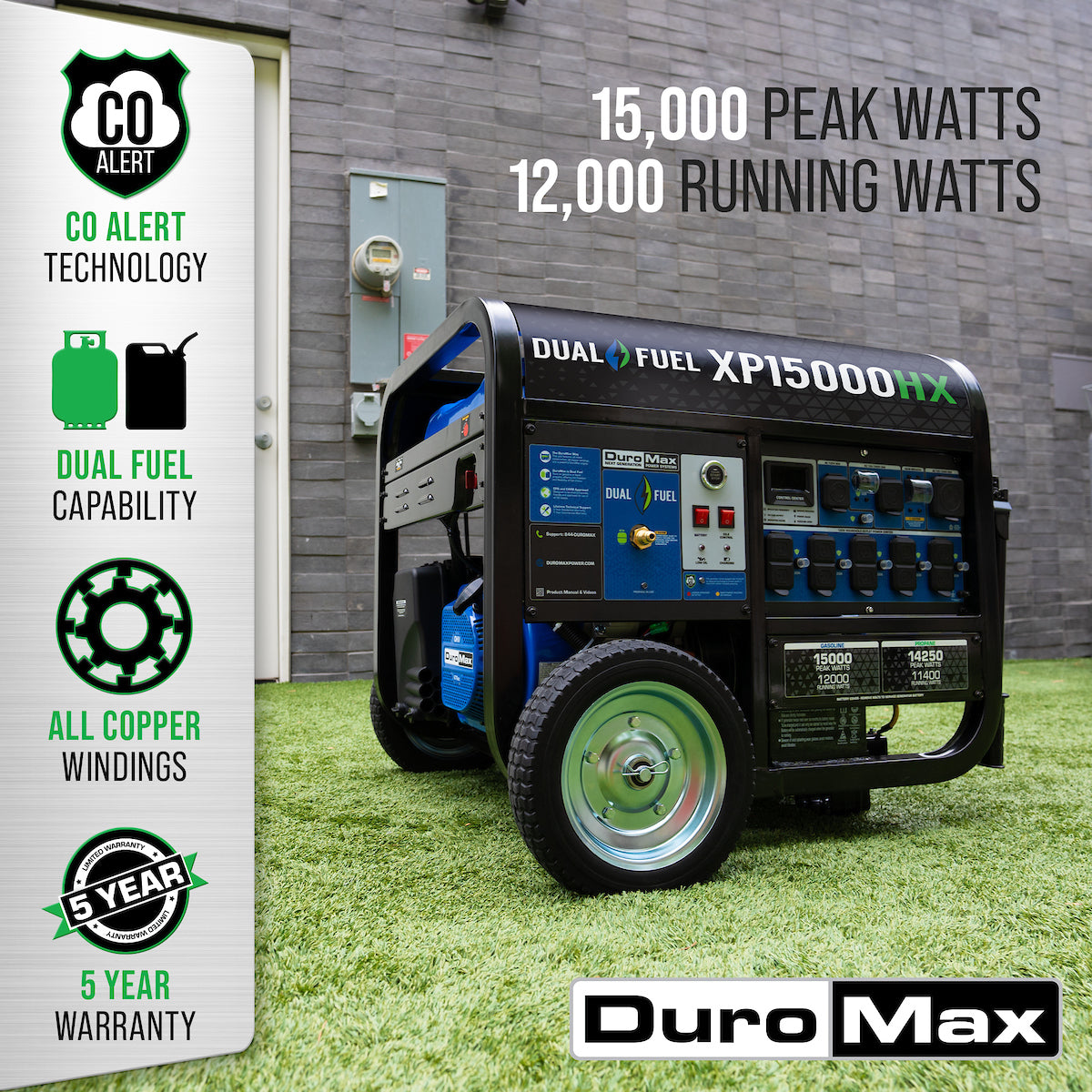 DuroMax XP15,000HX Watt Electric Start Dual Fuel Portable Generator
