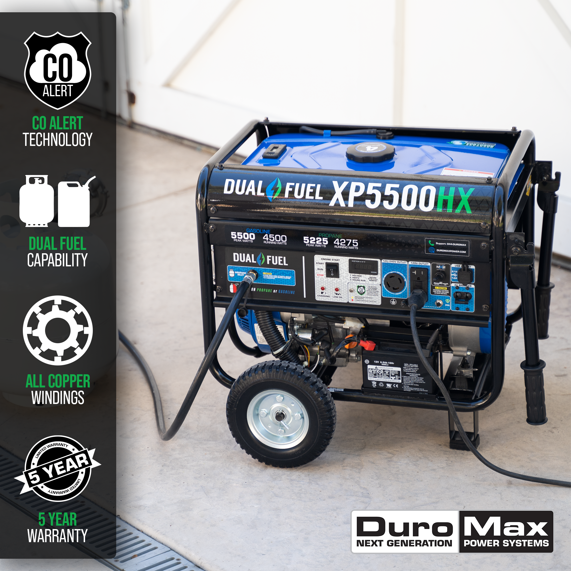 DuroMax XP5,500HX Watt Dual Fuel Portable HX Generator w/ CO Alert